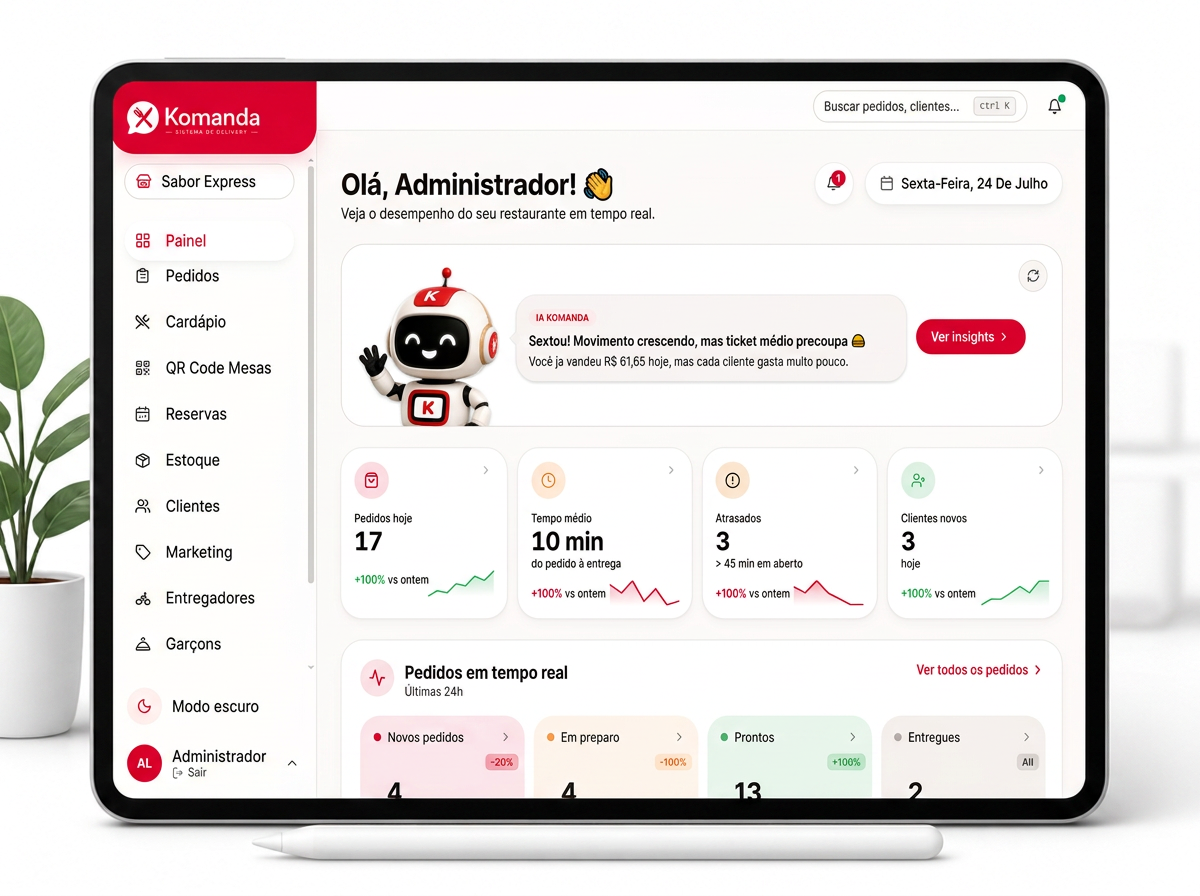Interface do app Komanda mostrando pedidos e cardápio digital
